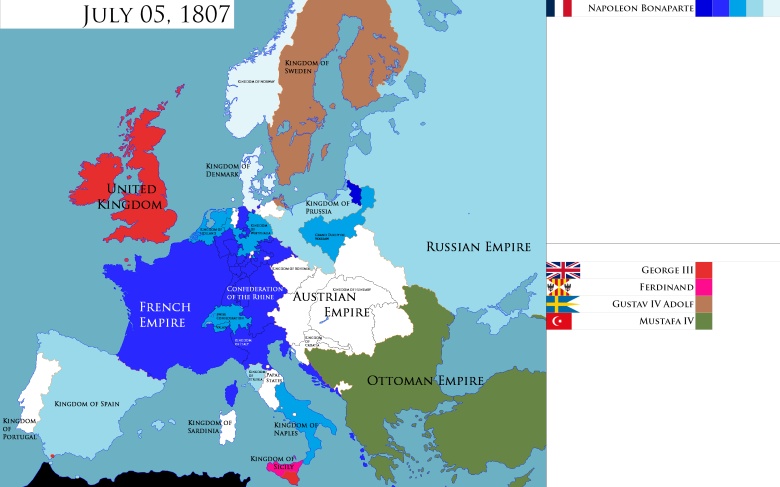 Mapa Europy w 1807 roku (po traktacie w Tylży)