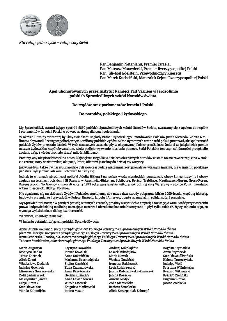 List polskich Sprawiedliwych wśród Narodów Świata ws. sporu na linii Polska-Izrael