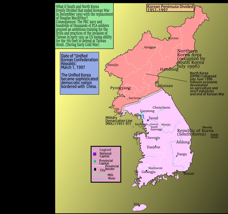 Półwysep koreański z podziałem na dwa kraje od 1951 roku