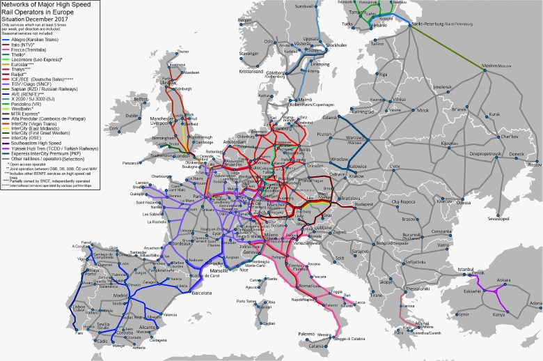 Sieci głównych operatorów kolei dużych prędkości w Europie, 2017