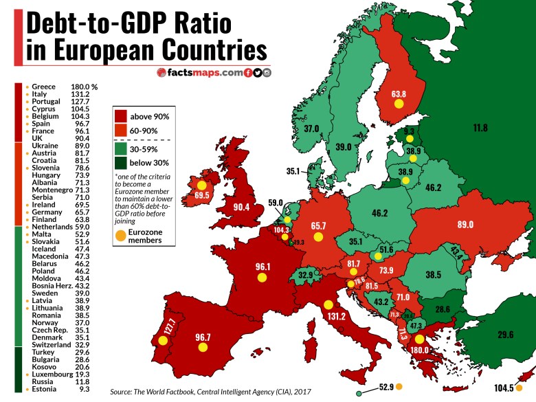 Stosunek zadłużenia do PKB w krajach europejskich, 2017