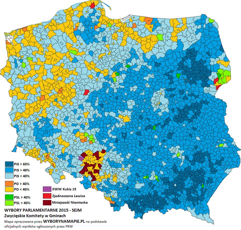 Wybory parlamentarne w Polsce z 2015 roku z podziałem na gminy i partie