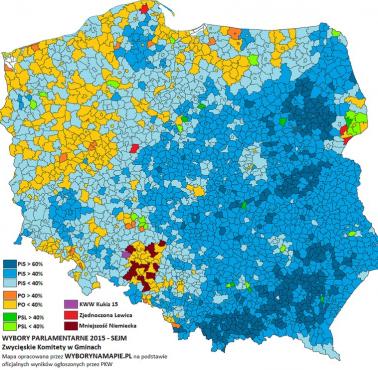 Wybory parlamentarne w Polsce z 2015 roku z podziałem na gminy i partie