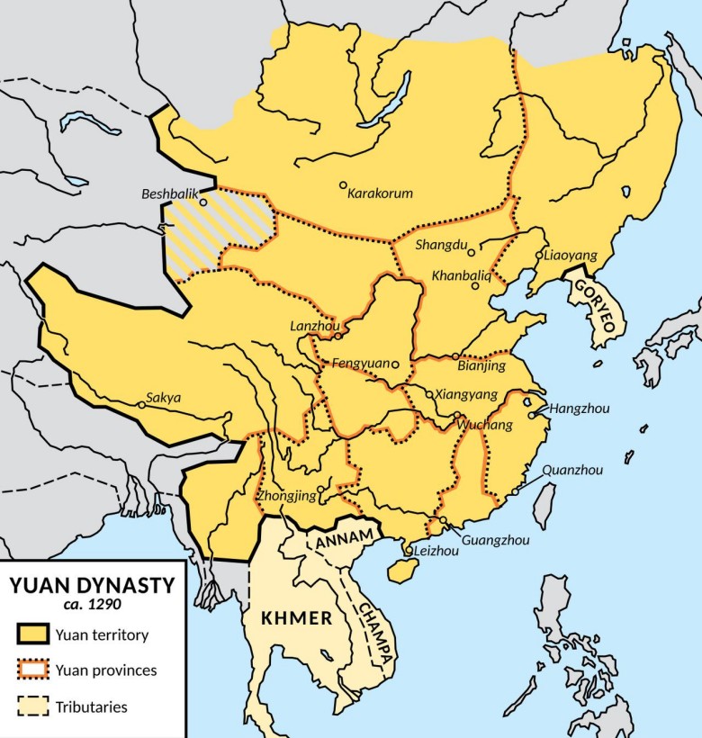 Mapa Chin w czasach dynastii Yuan, 1290 (tylko obszar Chin właściwych bez uwzględnienia chanatów)