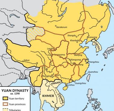 Mapa Chin w czasach dynastii Yuan, 1290 (tylko obszar Chin właściwych bez uwzględnienia chanatów)