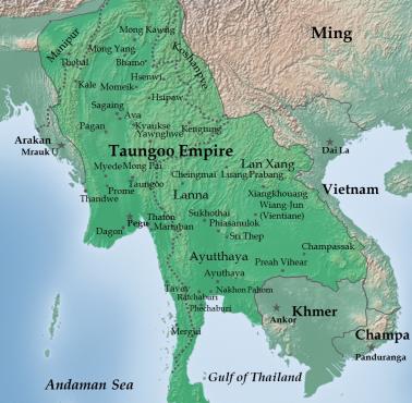 Maksymalny zasięg Taungoo za panowania króla Bayinnaunga (1551-1581)