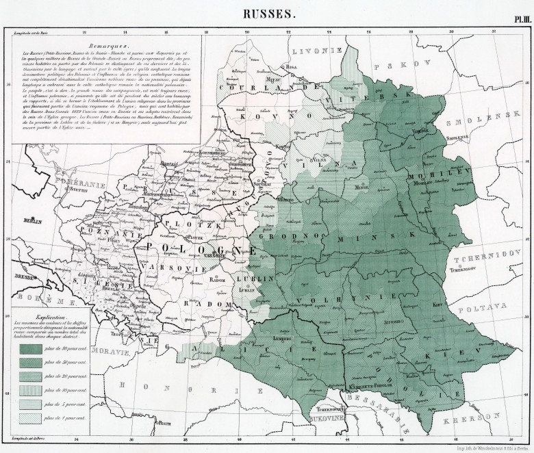 Mapy etnograficzne zachodniej części Rosji autorstwa Rodericha von Erckerta, 1863, Rusini, w tym Ukraińcy i Białorusini