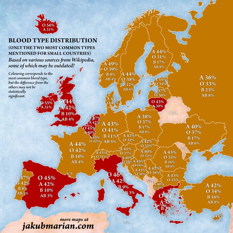 Najczęściej spotykane typy krwi ABO i Rh w poszczególnych krajach Europy
