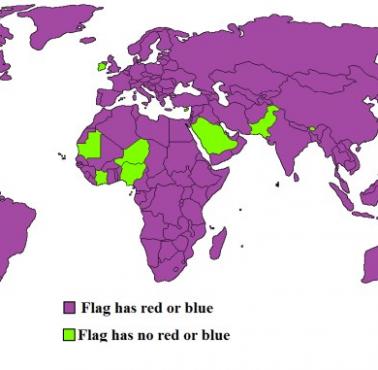 Mapa krajów, których flagi zawierają czerwony lub niebieski