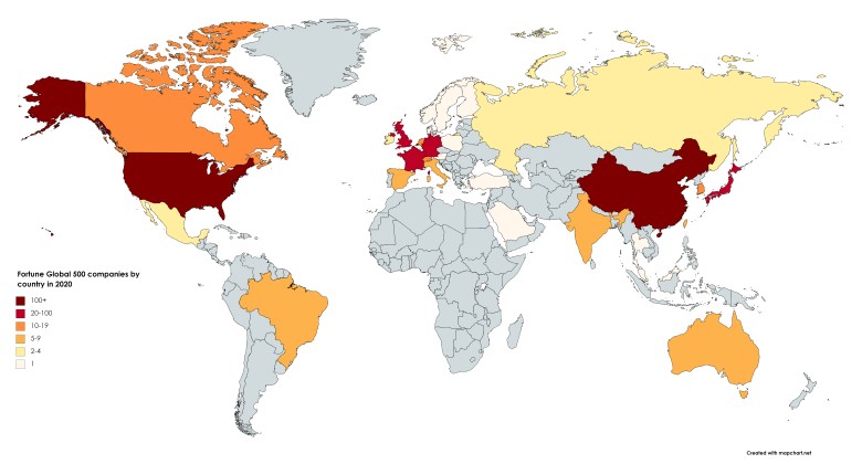 Lokalizacje firm na globalnej liście Fortune 500, 2020