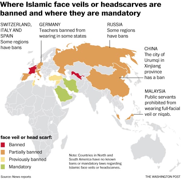 Miejsca, w których islamskie zasłony (hidżab) na twarz są zakazane