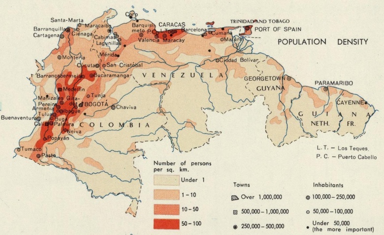 Gęstość zaludnienia Kolumbii, Wenezueli i Guian w latach 60.