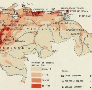 Gęstość zaludnienia Kolumbii, Wenezueli i Guian w latach 60.