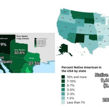 Mapa etniczna USA. Indianie (ludność rdzenna) w 1793 i 2020 roku