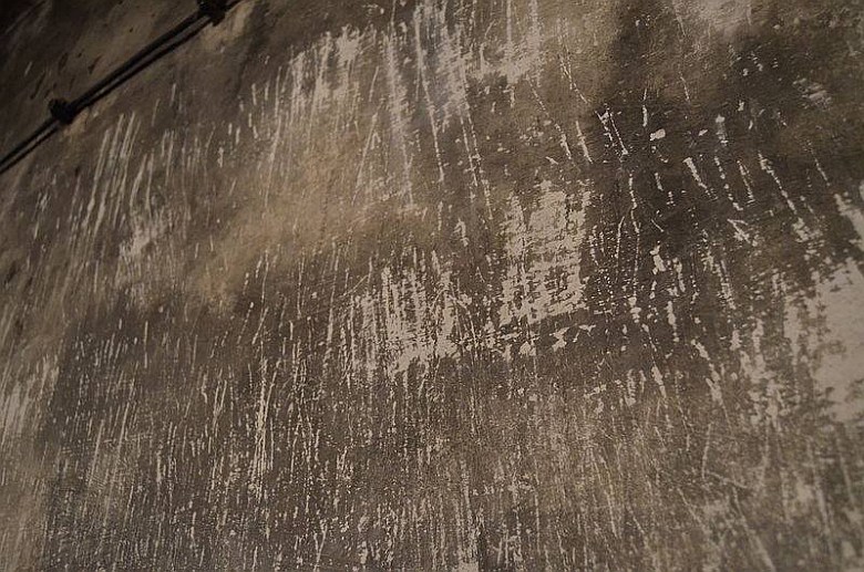 Ściana prysznica w Auschwitz. Widać wyraźne ślady zadrapań zagazowywanych ludzi