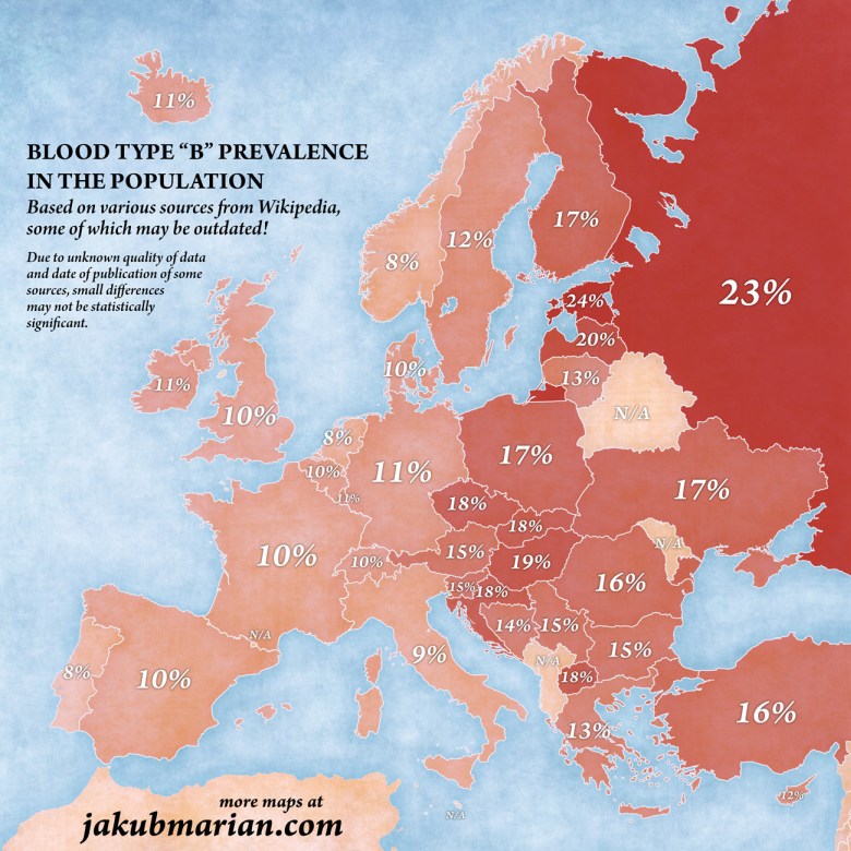 Udział grupy krwi typu B w poszczególnych europejskich państwach