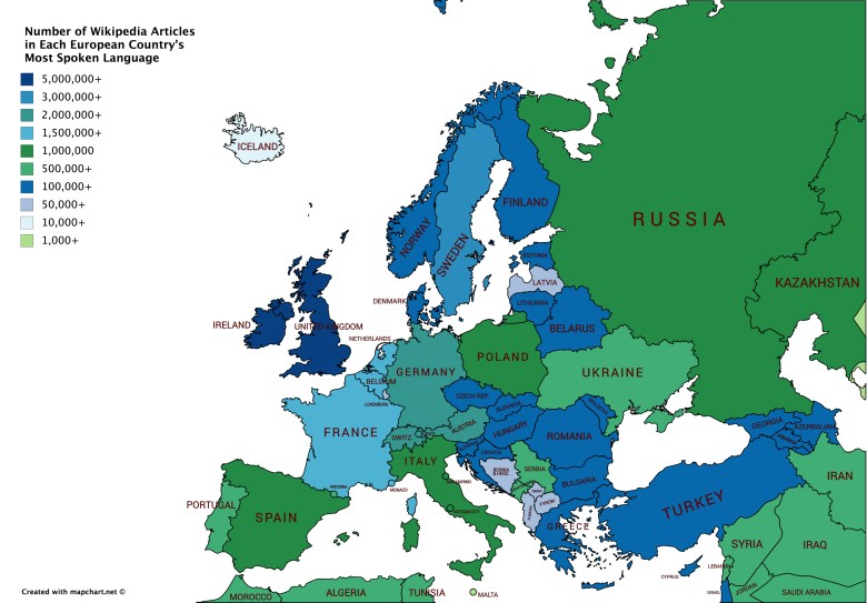 Liczba artykułów w Wikipedii w najczęściej używanym języku każdego kraju europejskiego