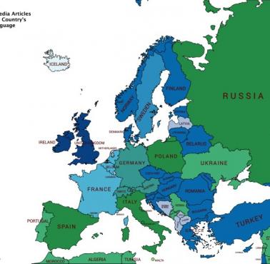 Liczba artykułów w Wikipedii w najczęściej używanym języku każdego kraju europejskiego