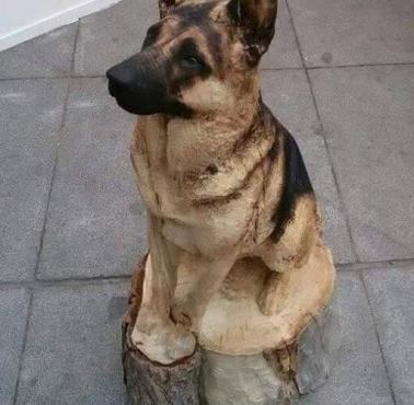 Pies wyrzeźbiony z pnia drzewa