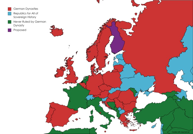 Mapa państw, którymi rządziły niemieckie dynastie