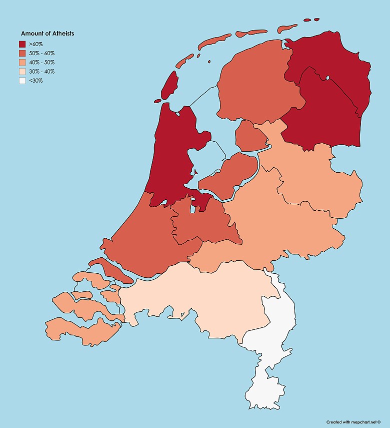 Holenderscy ateiści jako procent całkowitej populacji na prowincję, 2015