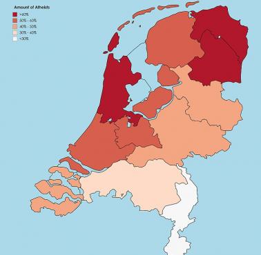 Holenderscy ateiści jako procent całkowitej populacji na prowincję, 2015