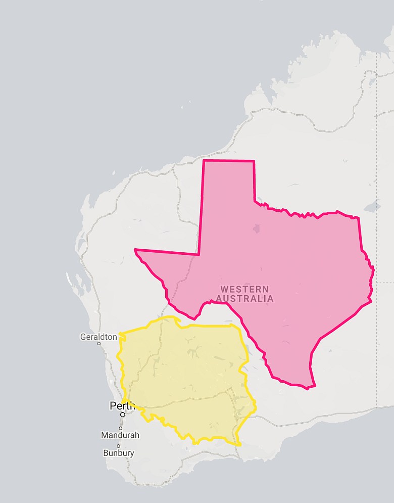 Obszar Polski i Teksasu umieszczony na fragmencie mapy Australii