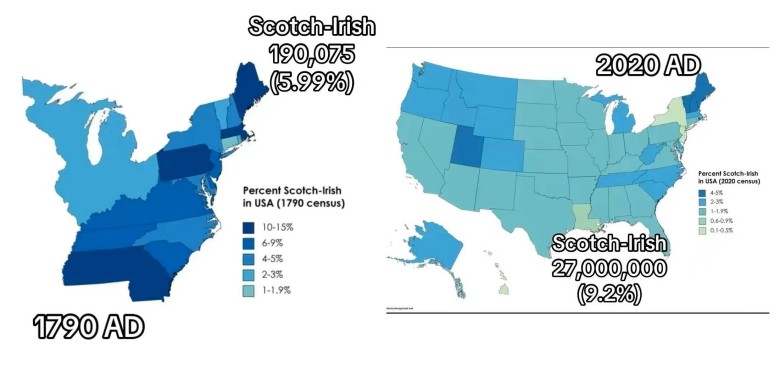 Mapa etniczna USA. Szkoci i Irlandczycy w 1790 i 2020 roku