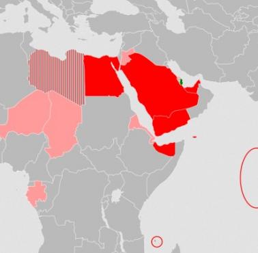 Kraje, które zerwały (czerwony) lub zredukowały (różowy) stosunki dyplomatyczne z Katarem podczas kryzysu dyplomatycznego 2017