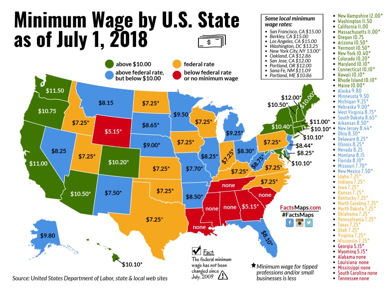 Wynagrodzenie minimalne według stanu USA od 1 lipca 2018 roku
