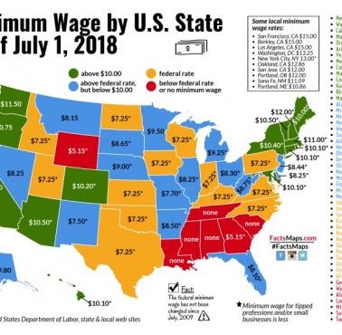 Wynagrodzenie minimalne według stanu USA od 1 lipca 2018 roku