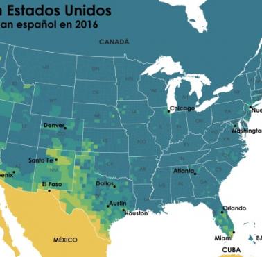 Język hiszpański w USA według hrabstw, 2016