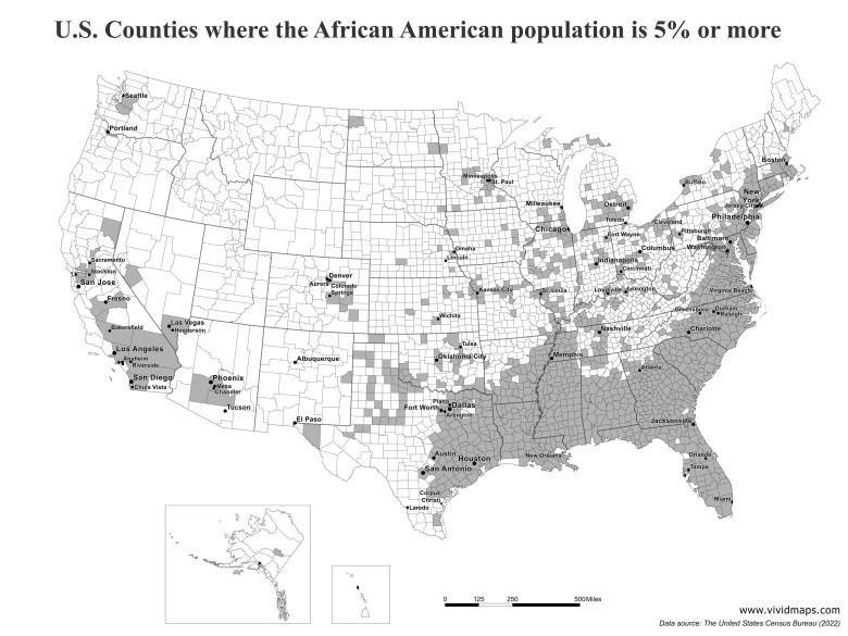 Hrabstwa USA, w których 5 proc. lub więcej populacji to osoby czarnoskóre (Afroamerykanie), 2022