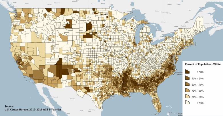 Procent białych mieszkańców w poszczególnych hrabstwach USA, 2012-2016