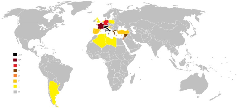 Miejsce urodzeń papieży w odniesieniu do ich miejsca urodzenia (mapa współczesna)