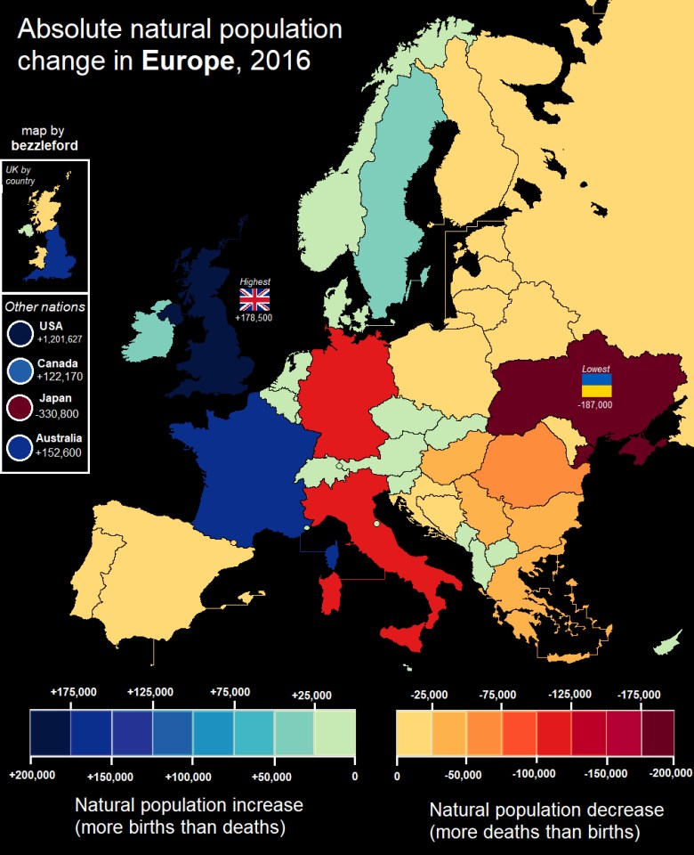Naturalna zmiana populacji w poszczególnych państwach Europy w 2016 roku