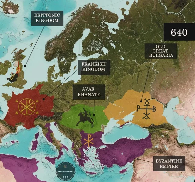 Mapa Europy z 640 r. przedstawiająca Cesarstwo Bizantyjskie, Królestwo Franków,Bułgarię, Chaganat Awarów i królestwa brytyjskie