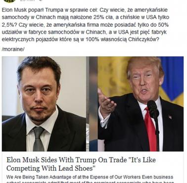 Elon Musk poparł Trumpa w sprawie ceł: Czy wiecie, że amerykańskie samochody w Chinach mają nałożone 25% cła, a chińskie ...