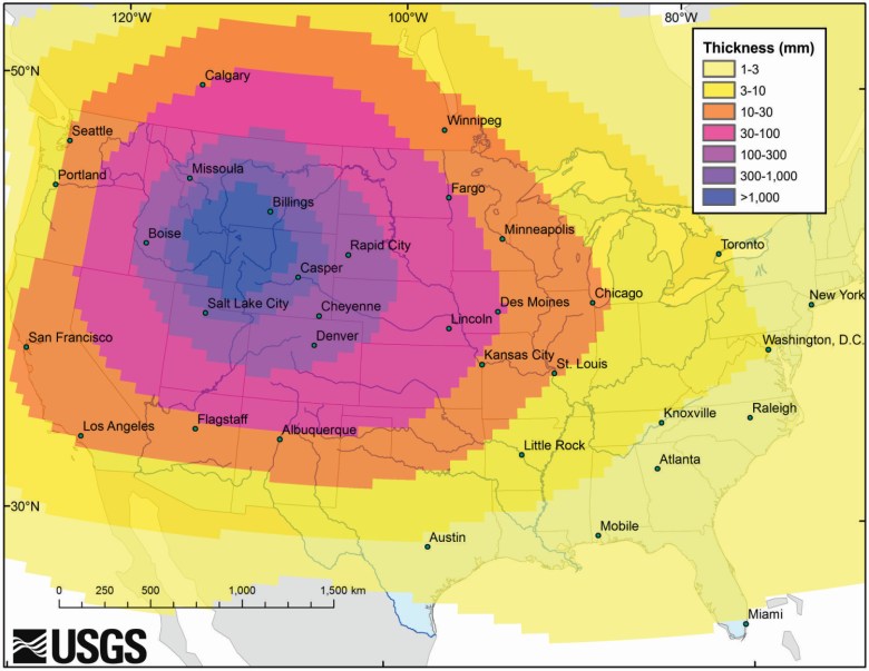 Możliwy rozkład popiołu z miesięcznej erupcji superwulkanu Yellowstone