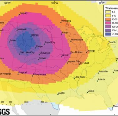 Możliwy rozkład popiołu z miesięcznej erupcji superwulkanu Yellowstone