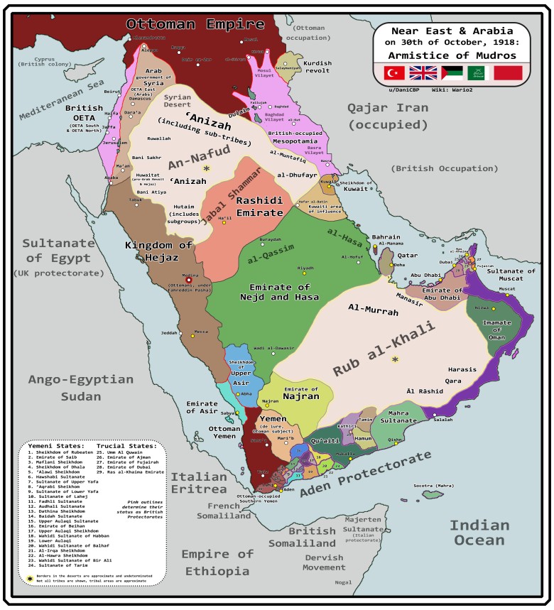 Mapa polityczna Półwyspu Arabskiego pod koniec I wojny światowej, 1918
