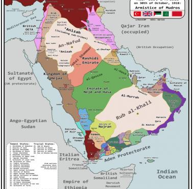 Mapa polityczna Półwyspu Arabskiego pod koniec I wojny światowej, 1918