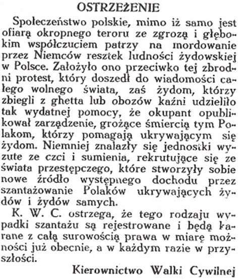 Ostrzeżenie dla szmalcowników. 11 marca 1943 roku Kierownictwo Walki Cywilnej wydało ostrzeżenie pod adresem szmalcowników