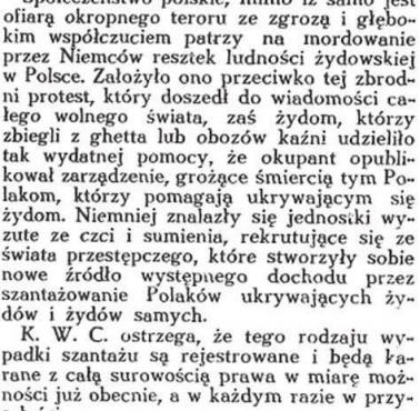 Ostrzeżenie dla szmalcowników. 11 marca 1943 roku Kierownictwo Walki Cywilnej wydało ostrzeżenie pod adresem szmalcowników