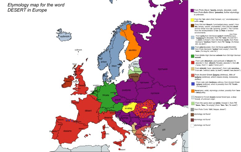 Mapa etymologiczna słowa pustynia w Europie