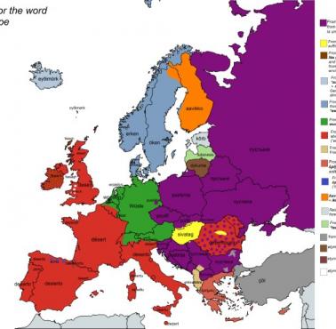 Mapa etymologiczna słowa "pustynia" w Europie