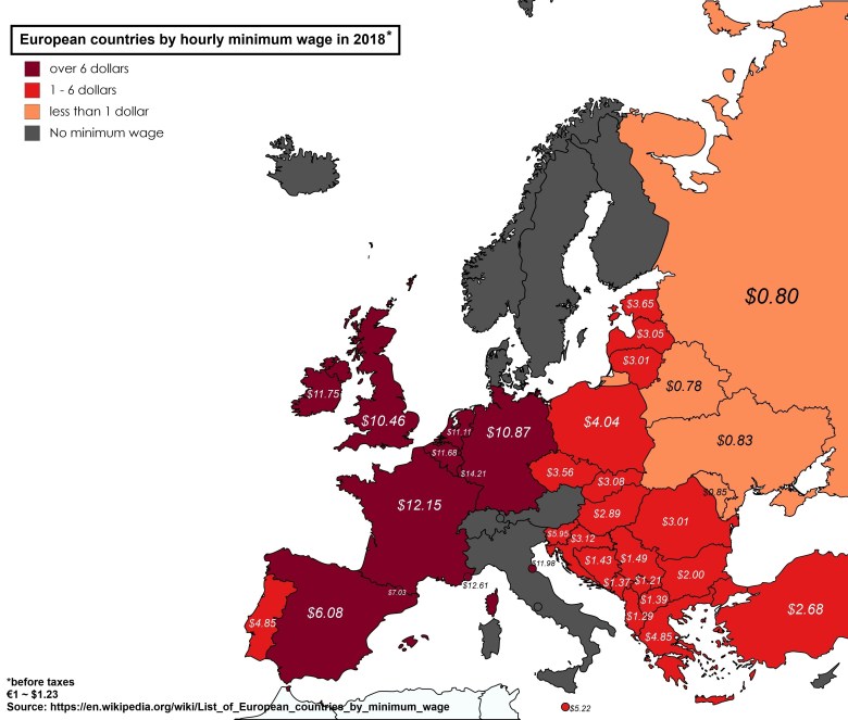 Kraje europejskie według stawki minimalnej za godzinę, 2018