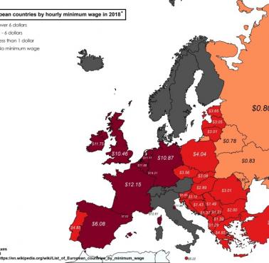 Kraje europejskie według stawki minimalnej za godzinę, 2018