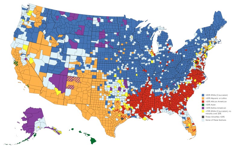 Etniczna mapa USA. Hrabstwa USA, w których mniejszości rasowe i etniczne stanowią większość populacji