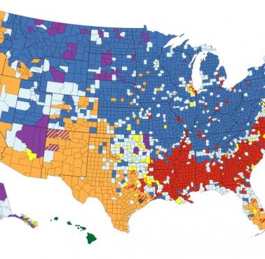 Etniczna mapa USA. Hrabstwa USA, w których mniejszości rasowe i etniczne stanowią większość populacji